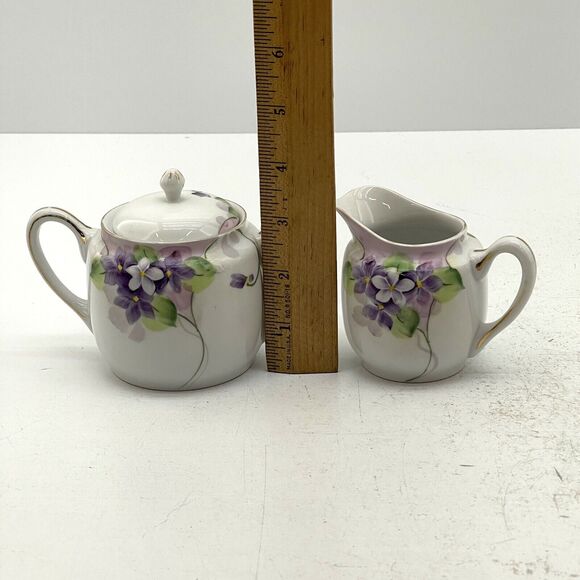 Meito China Creamer & Sugar Bowl w/ Lid Hand Painted Violet Floral Gold Trimmed - Picture 12 of 15